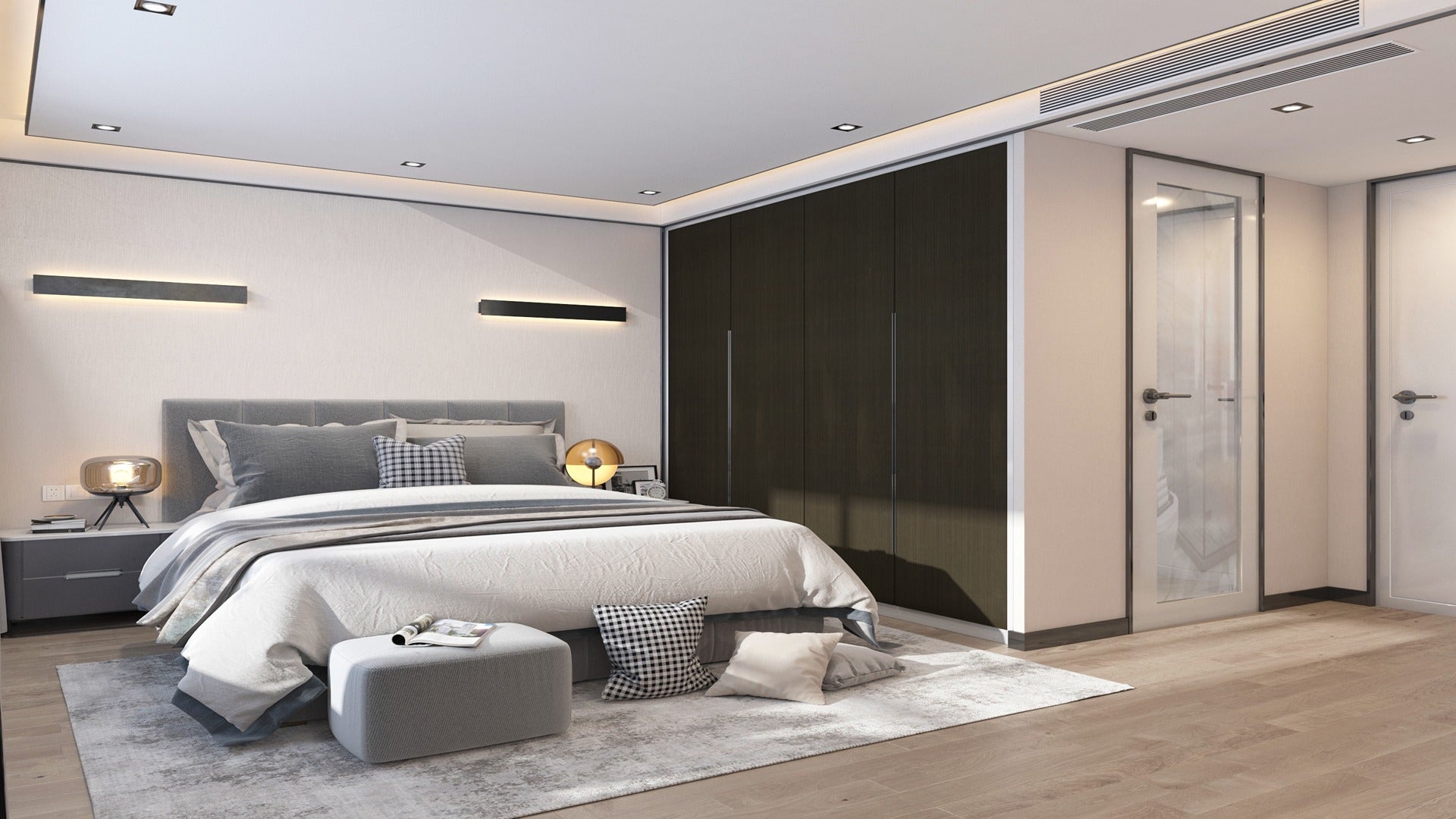 Multi-coloured patterned laminate closet in modern bedroom with matte finish and textured design on dark wood surface.
