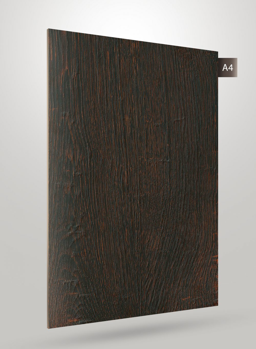 Dark brown wood grain decorative laminate with matte finish and visible texture, labelled A4.