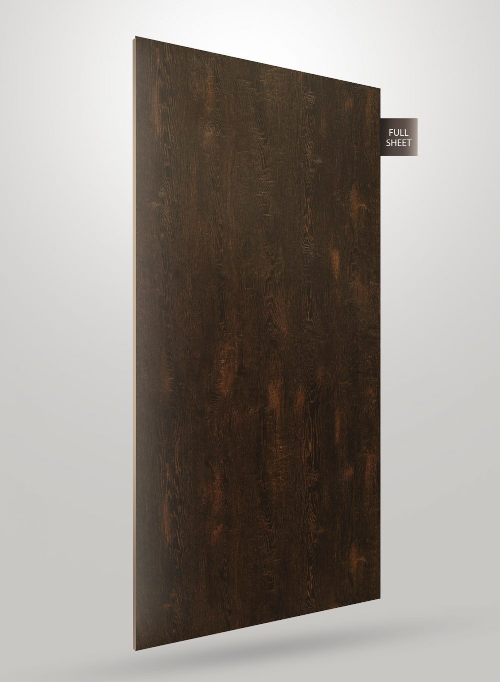 Dark brown wood grain decorative laminate sheet with matte finish and visible texture, labeled full sheet.