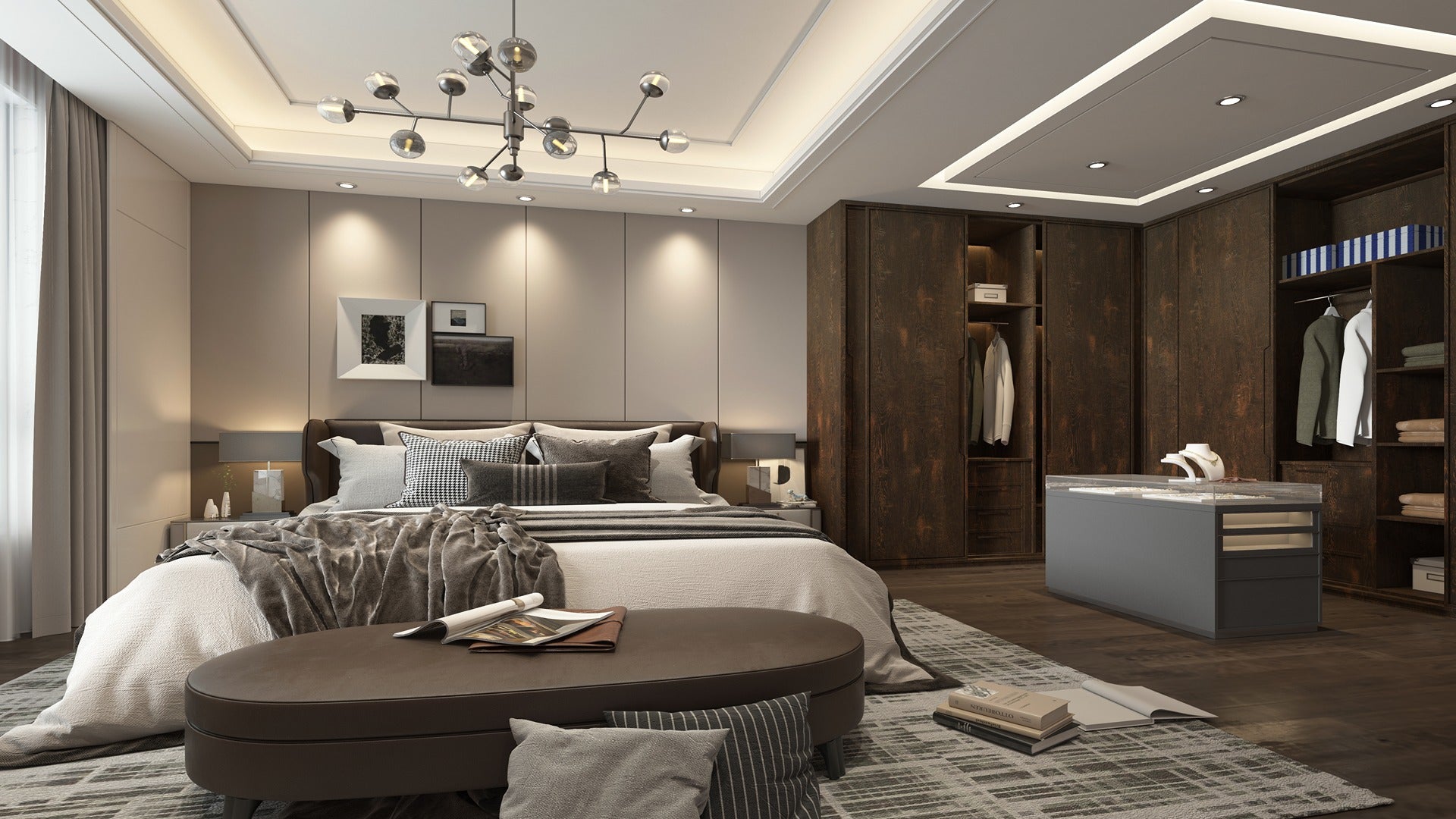 Dark wood laminate wardrobe and closet in modern bedroom with recessed lighting and minimalist decor.