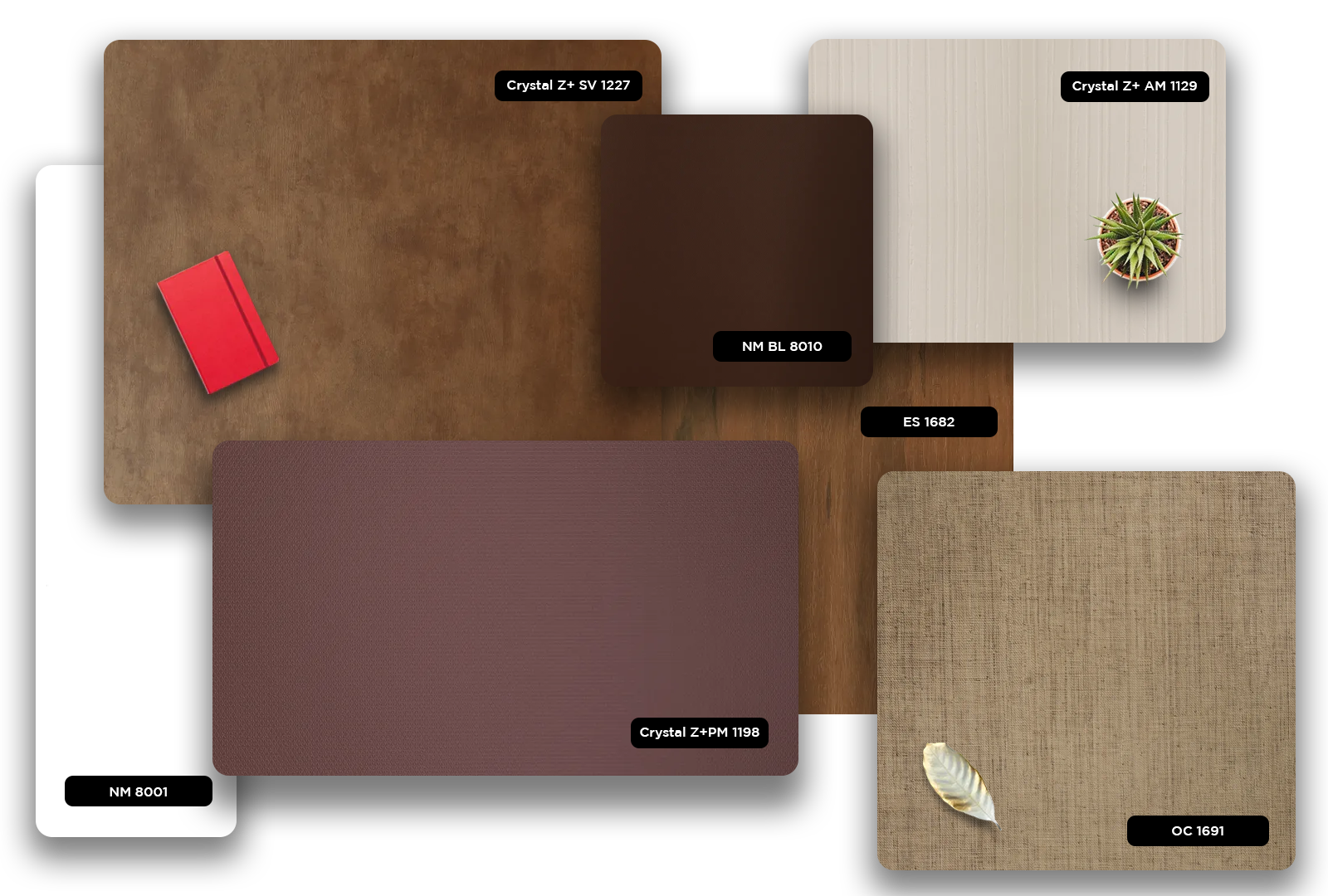 Brown wood grain laminate with matte finish and textured surface, showcasing various decorative laminate samples and designs.