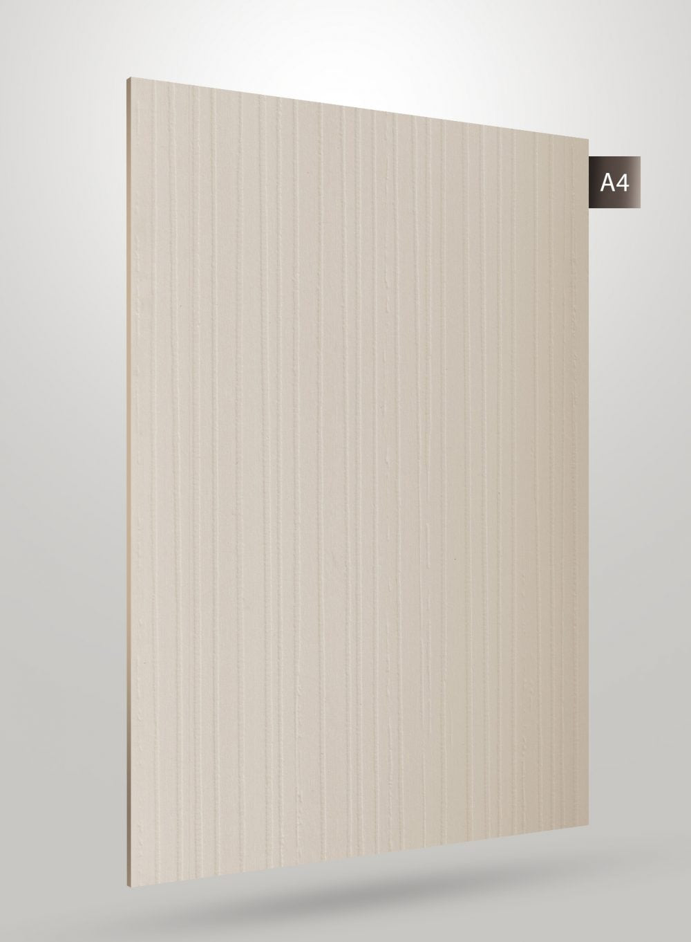 Brown wood grain decorative laminate with matte finish and vertical striped pattern, showing thickness edge.