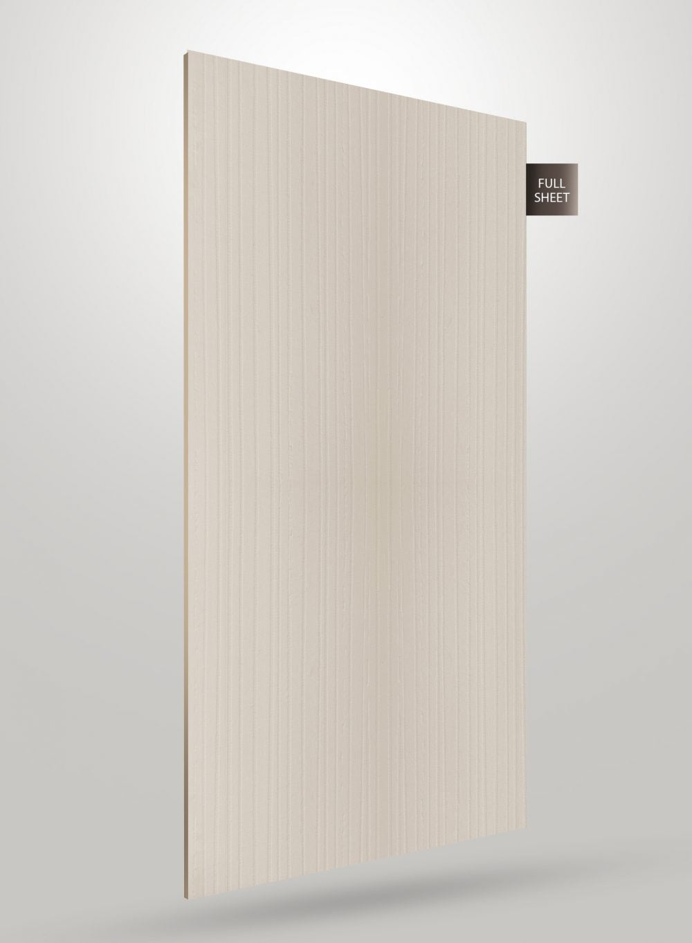 Brown wood grain decorative laminate sheet with matte finish and vertical wood pattern on a white background