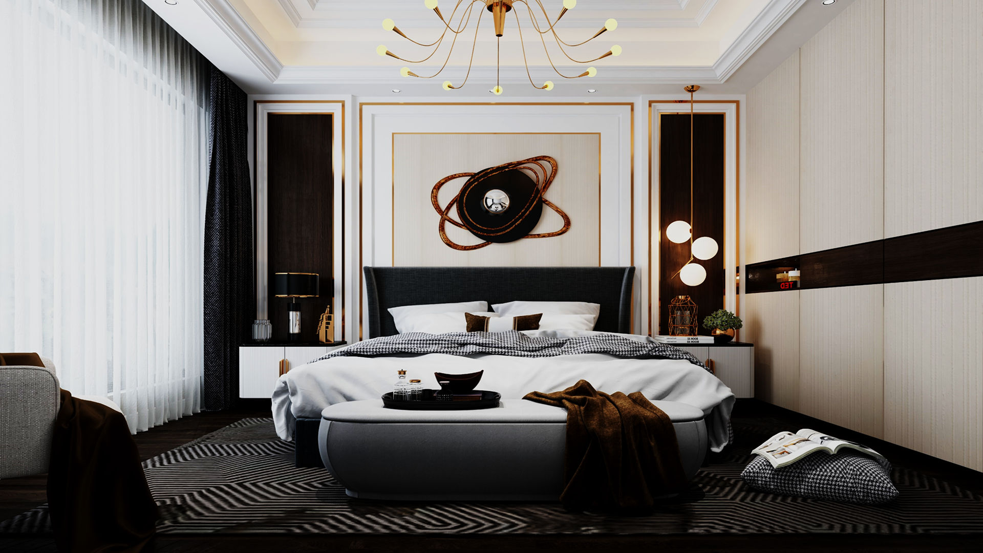 Brown wood laminate wall paneling with matte finish and wood grain texture in a modern bedroom interior design setting