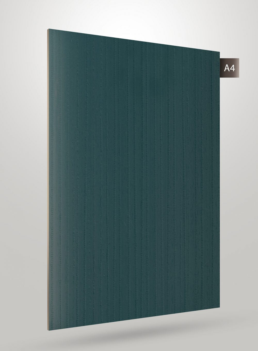 Dark green wood grain laminate sheet with matte finish and vertical texture pattern on a light grey background.