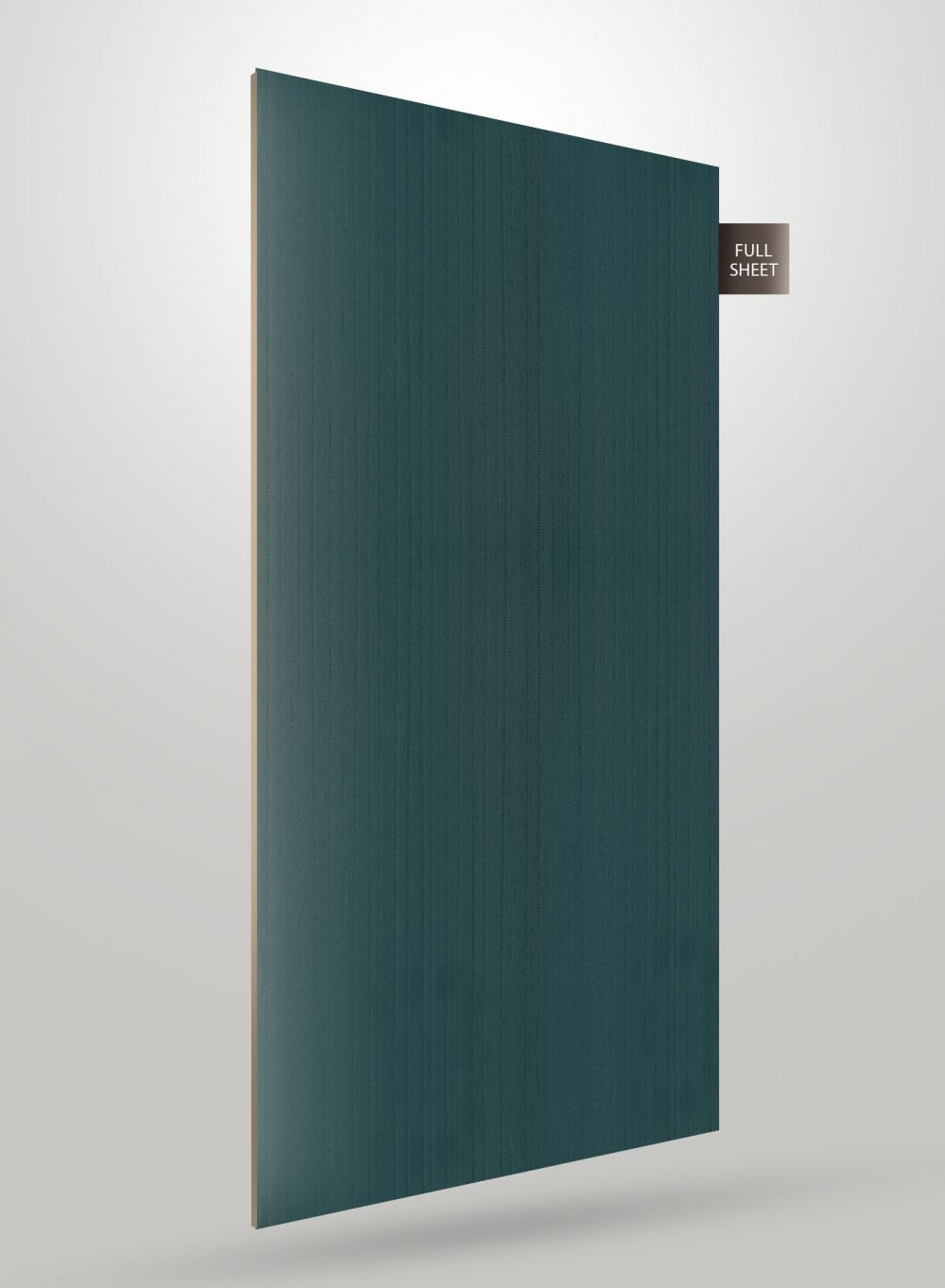 Dark teal wood laminate sheet with matte finish and vertical grain pattern, shown as full sheet with visible edge