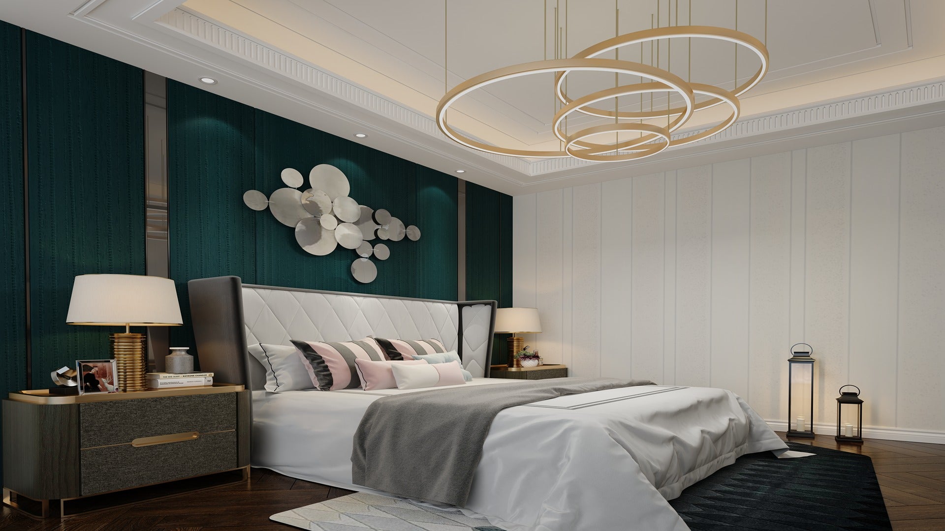 Dark green textured laminate wall panel in modern bedroom with white furniture and decorative lighting and accessories.