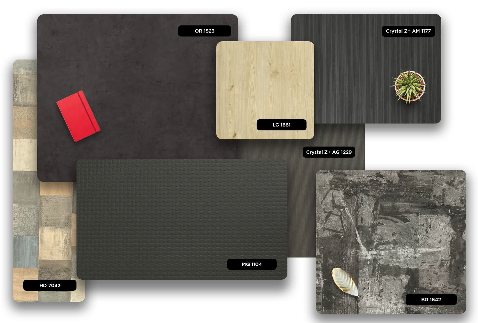 Grey patterned laminate with matte finish and textured surface, showcasing various design options for interior decor.