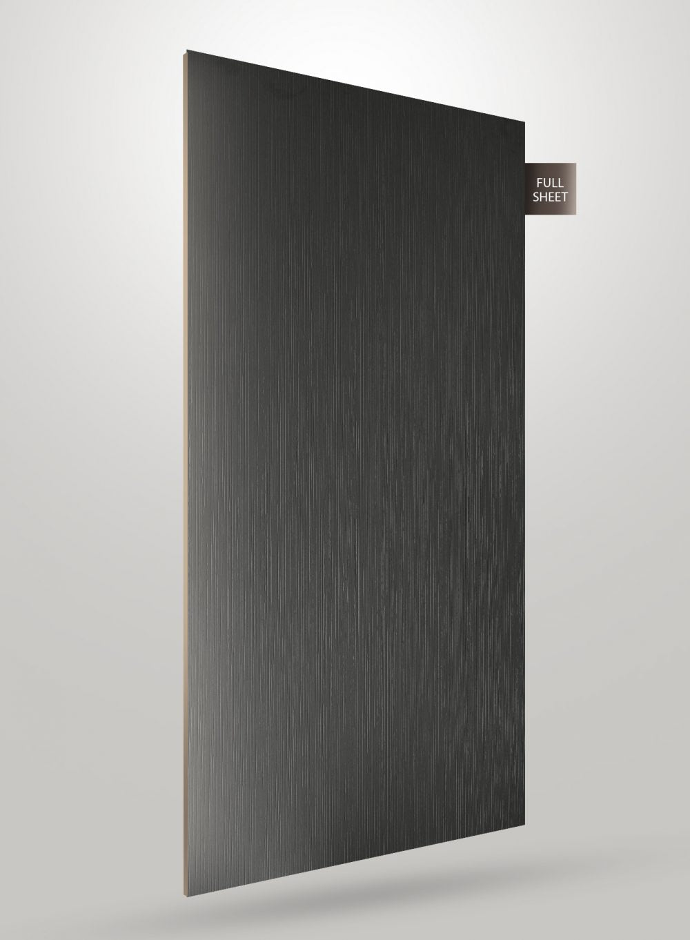 Grey patterned laminate sheet with matte finish and striped texture, displayed as full sheet with visible edge.