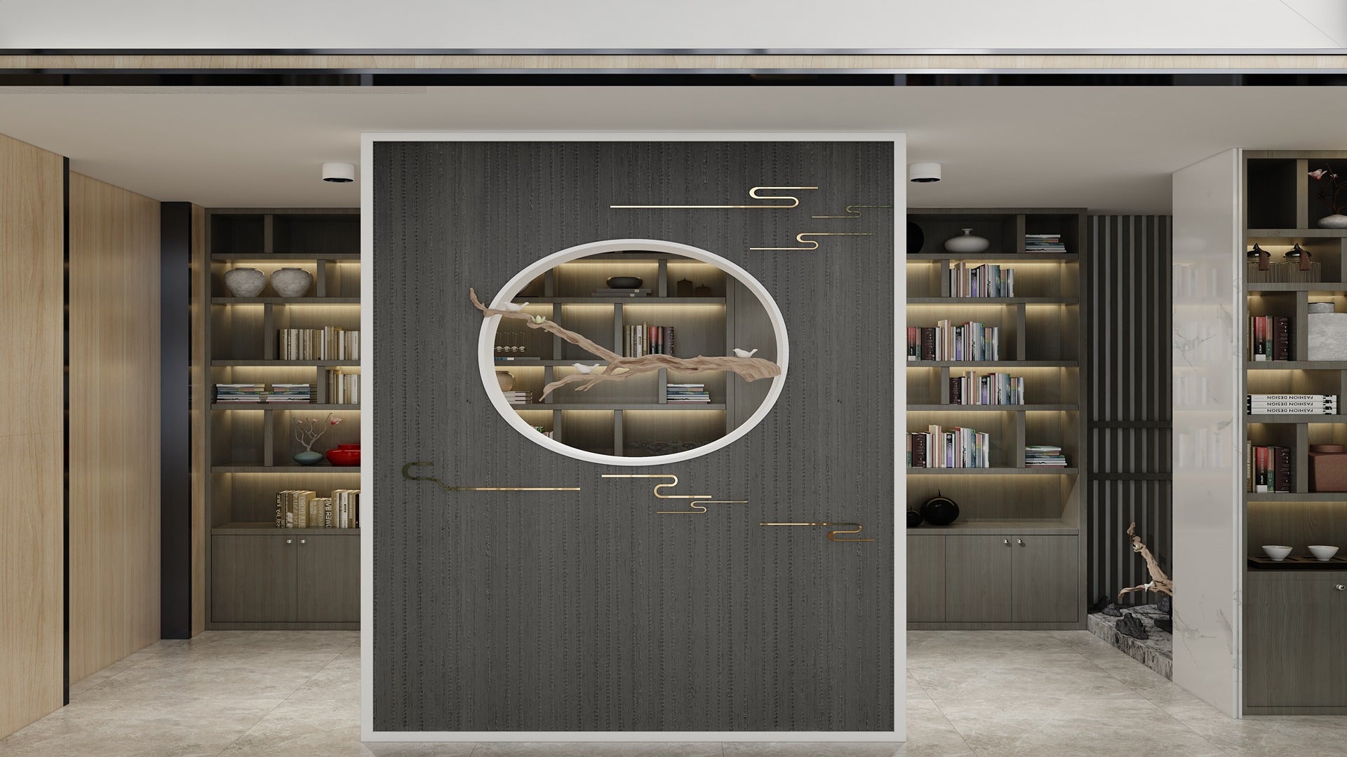 Grey patterned laminate door with matte finish and vertical texture in modern room setting with built-in bookshelves and