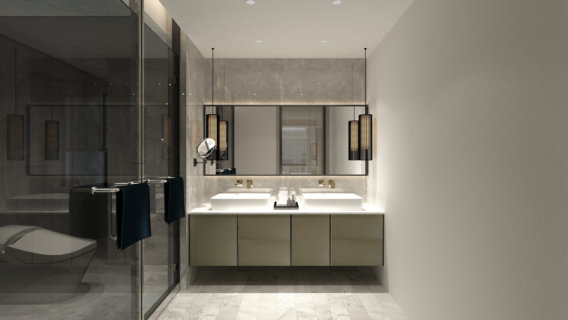 Multi-coloured rustic laminate in modern bathroom setting with marble-like texture and matte finish on walls and floor.