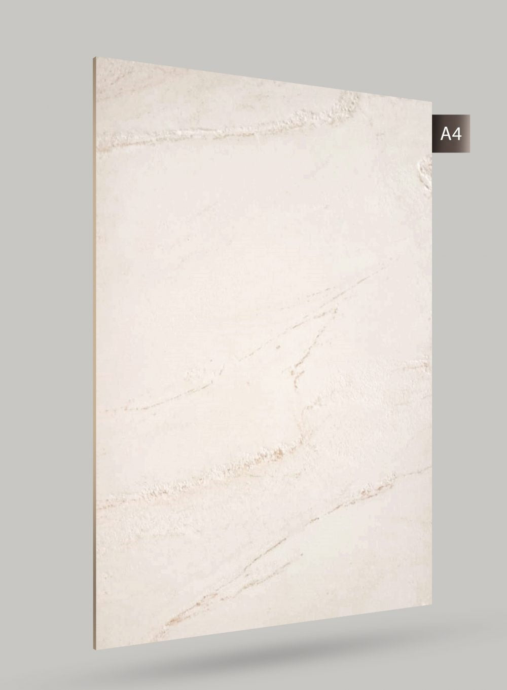 Cream marble laminate with matte finish and textured surface, showing veining pattern and subtle beige tones on a grey