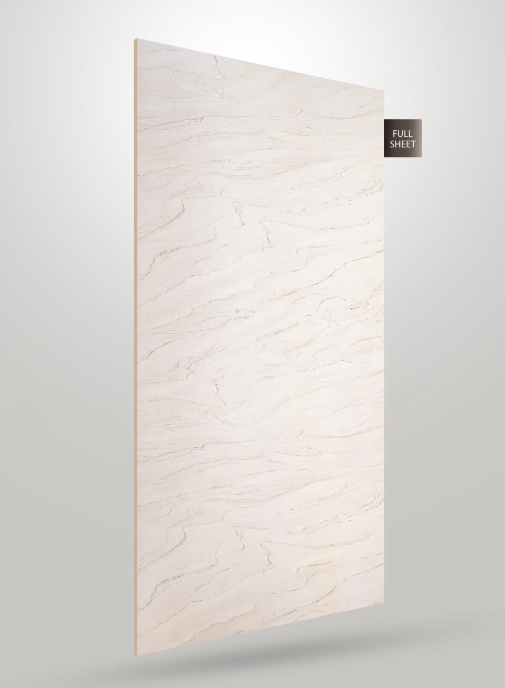 Cream marble laminate sheet with beige veining and matte finish, shown angled with visible edge and full sheet label.