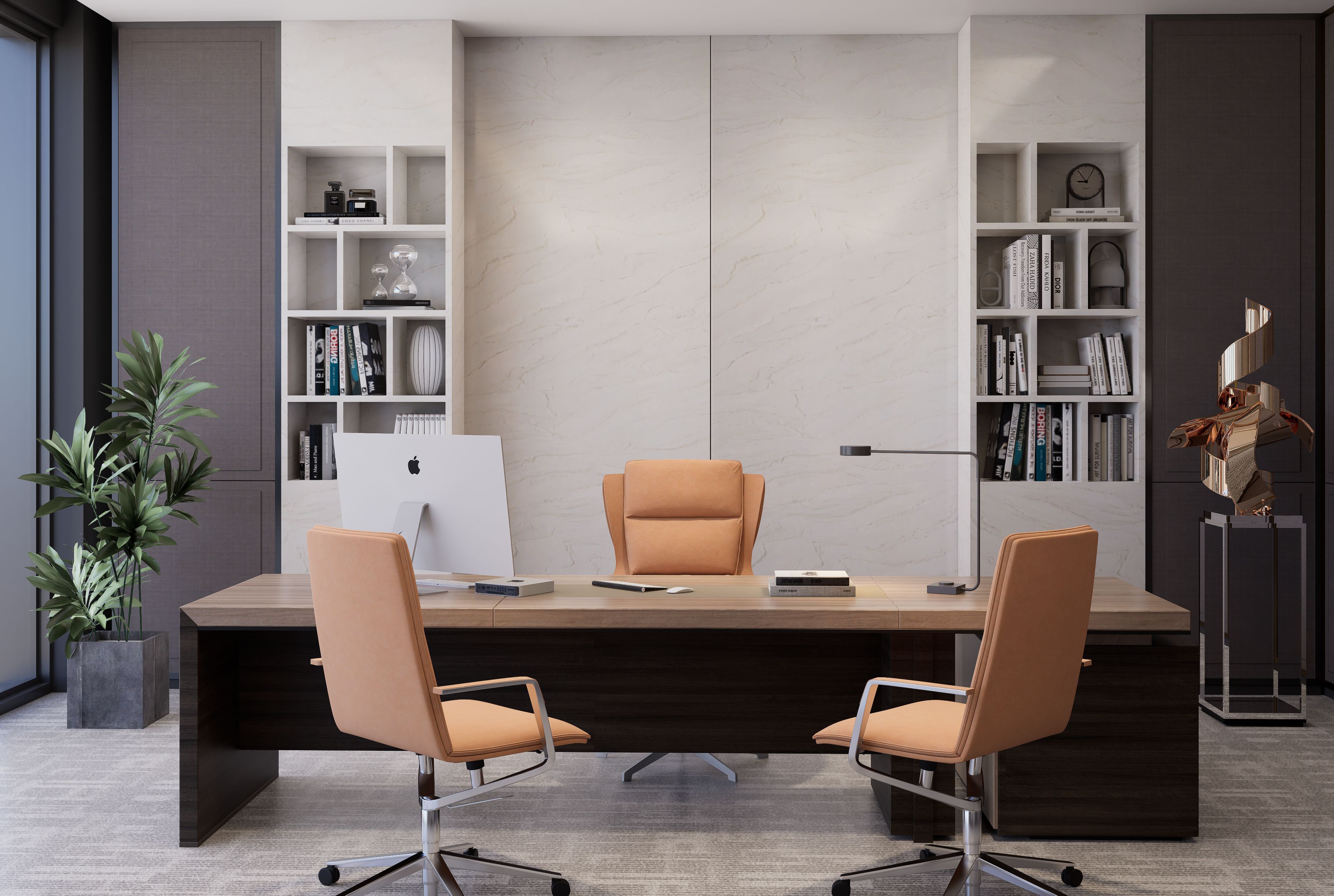 Cream marble laminate wall in modern office with built-in shelving and minimalist decor, showing matte finish and veining