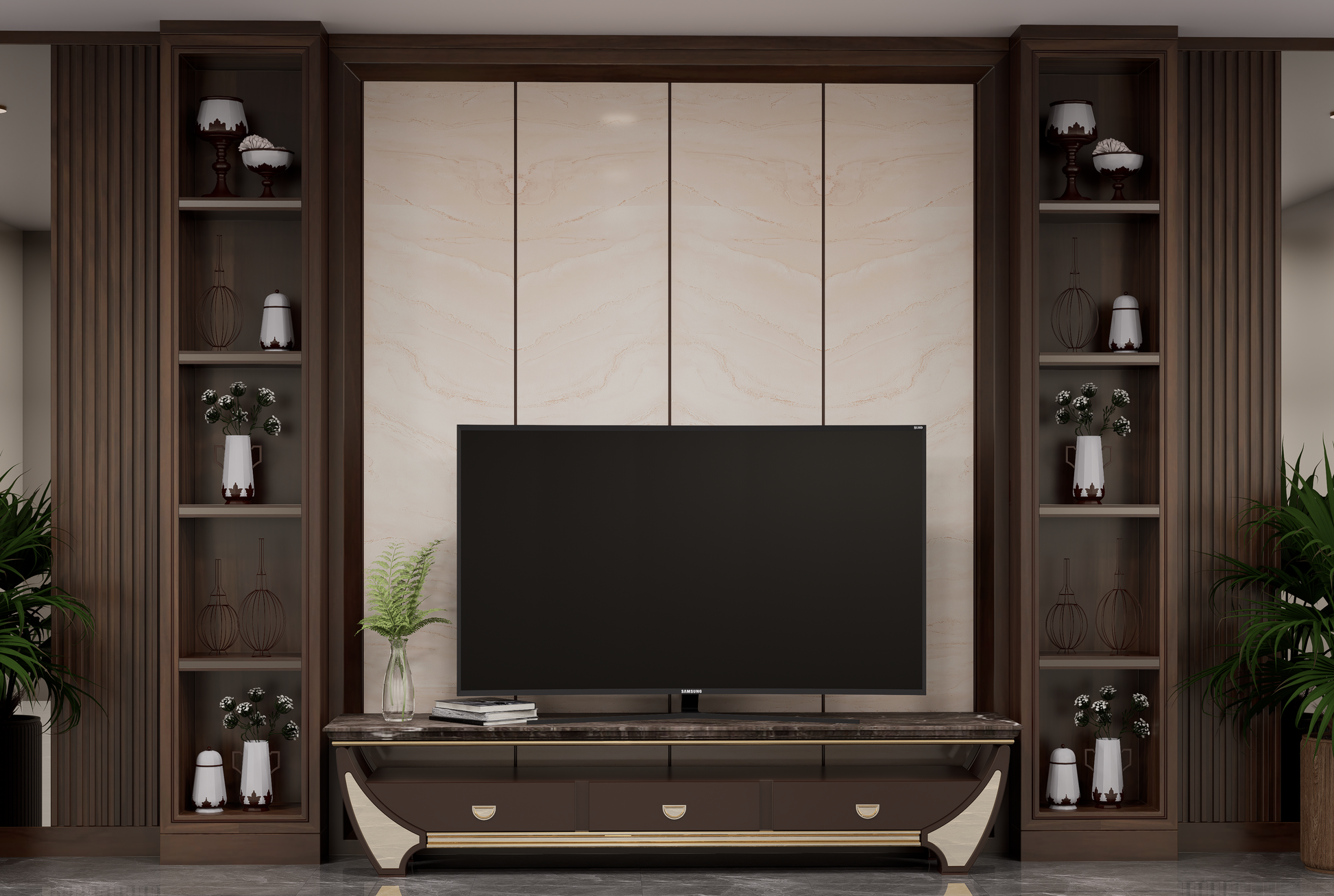 Beige marble laminate wall panels with subtle veining and matte finish in a modern living room setting with dark wood accents