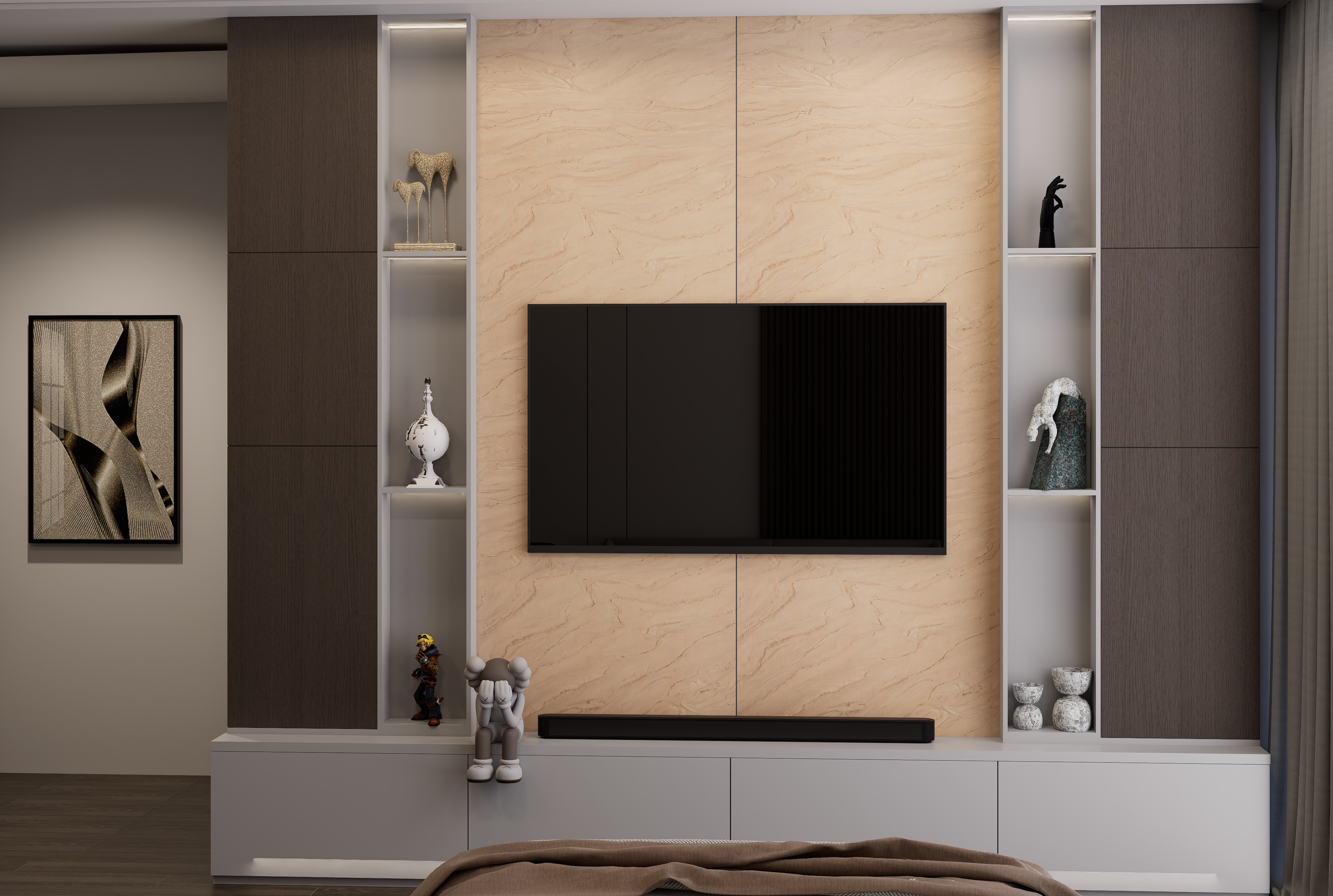 Beige marble laminate wall with matte finish, featuring veining pattern, used in modern living room with decorative accents.