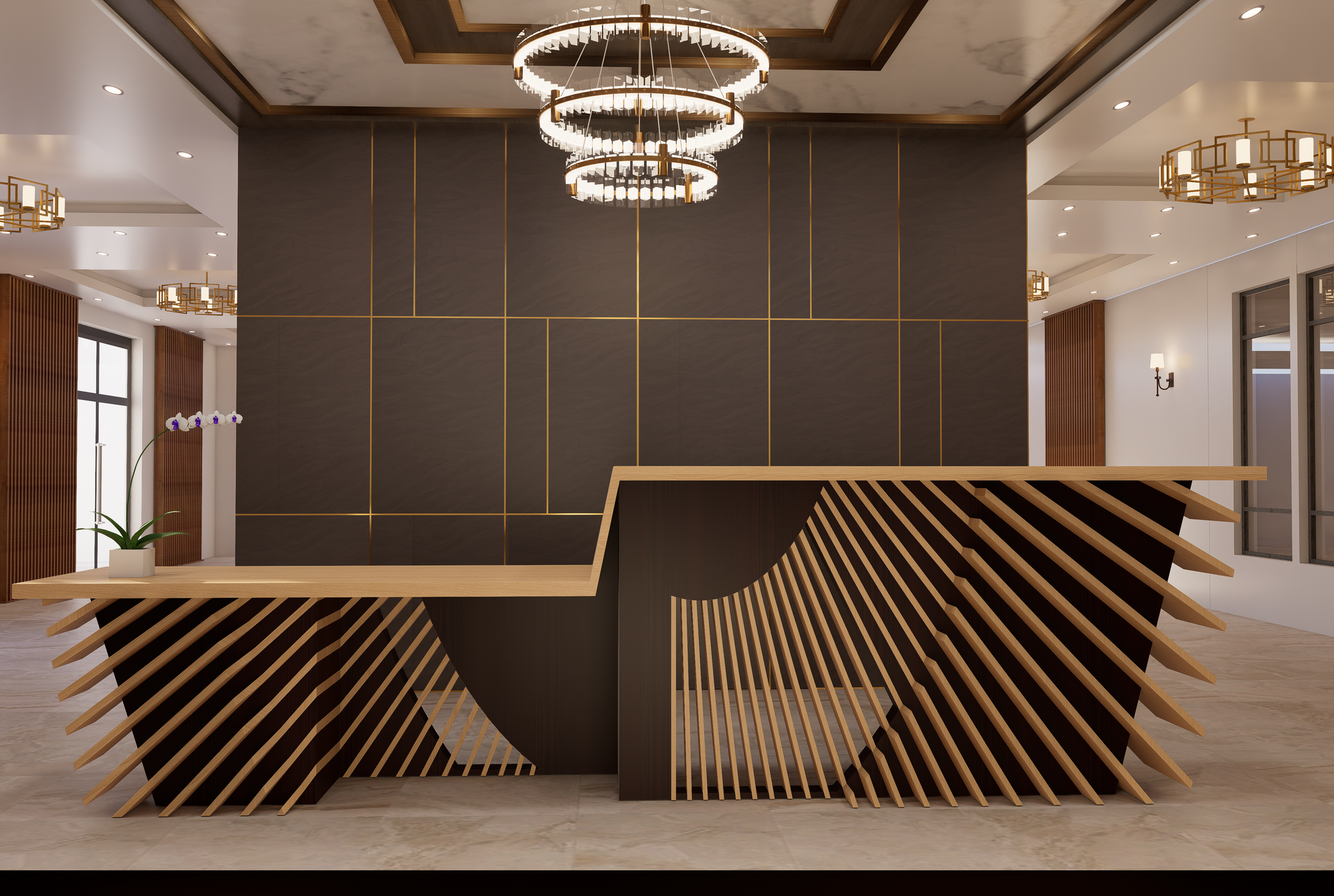 Grey marble laminate wall with gold accents in a modern lobby with wooden reception desk and chandeliers