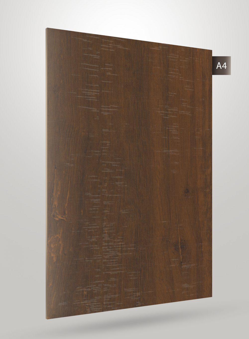 Brown wood grain decorative laminate with matte finish and visible texture, showcasing a wood pattern with subtle grain
