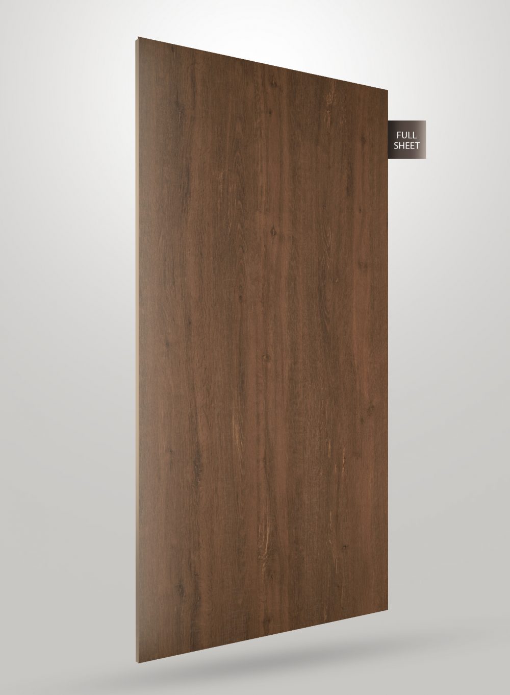 Brown wood grain decorative laminate sheet with matte finish and visible texture, labeled full sheet.