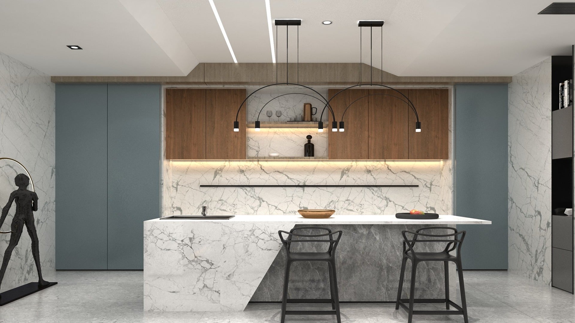 Brown wood laminate kitchen cabinets with matte finish and wood grain texture in modern interior design setting.