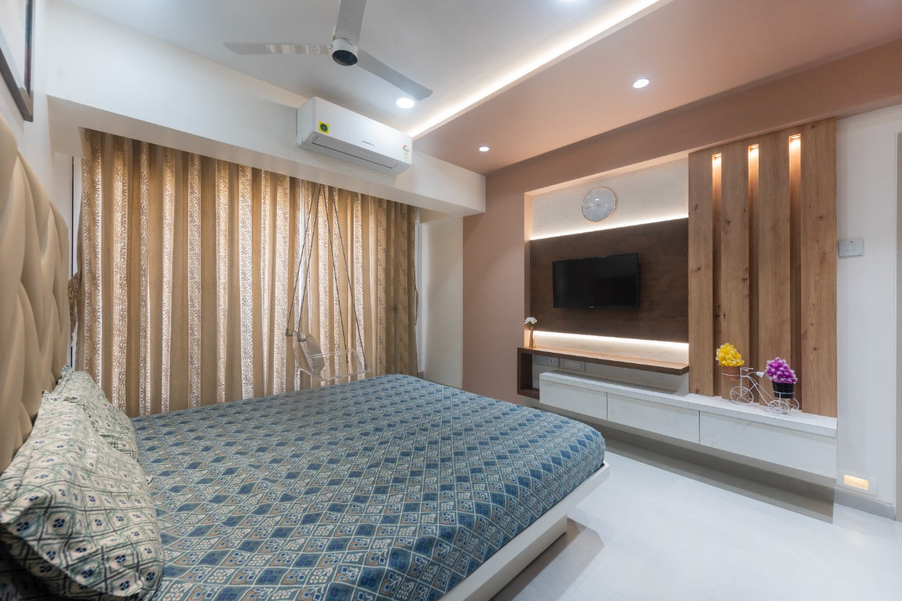 Brown wood laminate panel with matte finish and wood grain texture used on wall in modern bedroom interior design