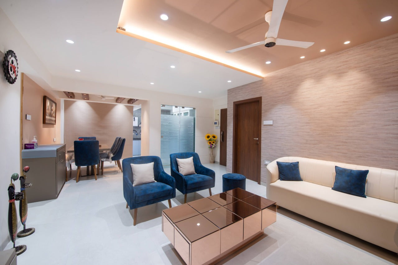 Brown wood grain laminate wall with matte finish in a modern living room with furniture and decorative elements