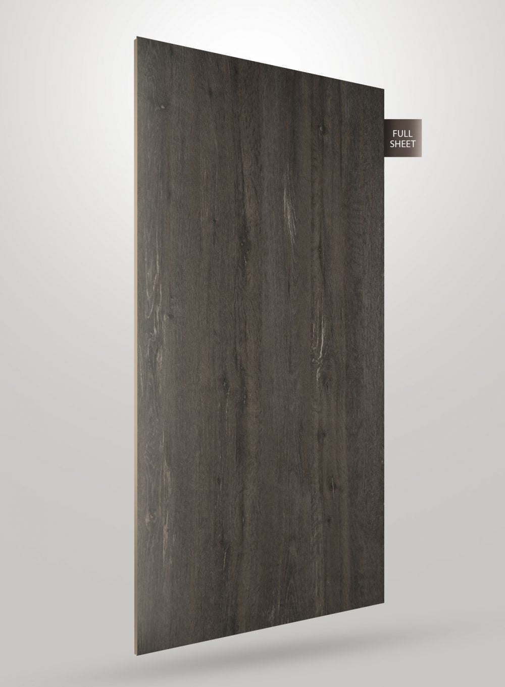 Dark brown wood grain decorative laminate with matte finish and visible texture, shown as full sheet.