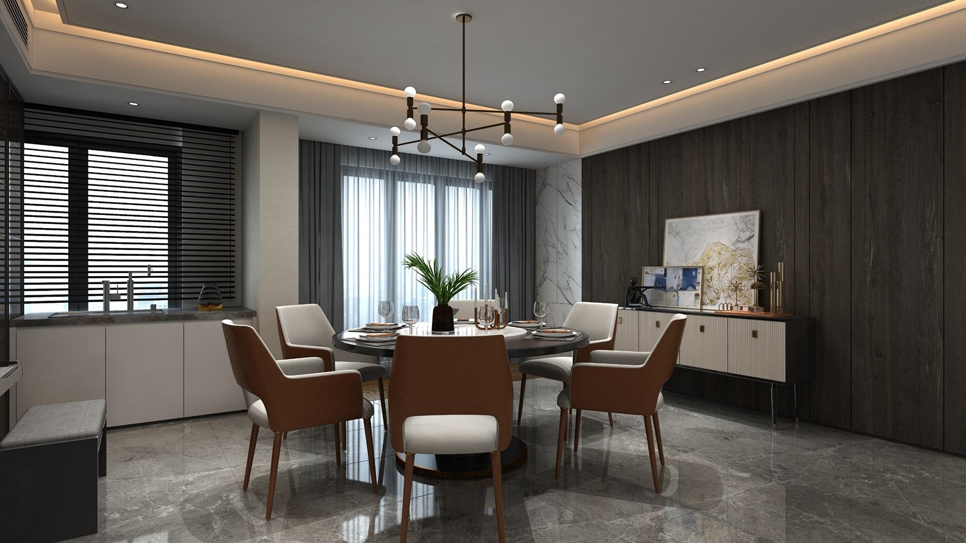 Brown wood laminate wall in modern dining room with dark wood grain finish and matte sheen on vertical panels
