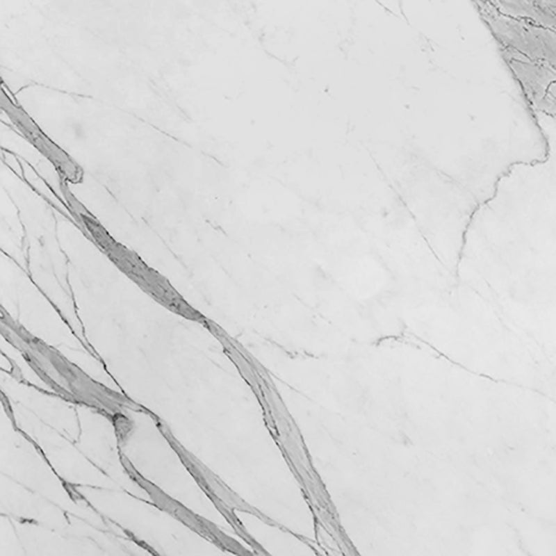 White marble laminate with grey veining and glossy finish.