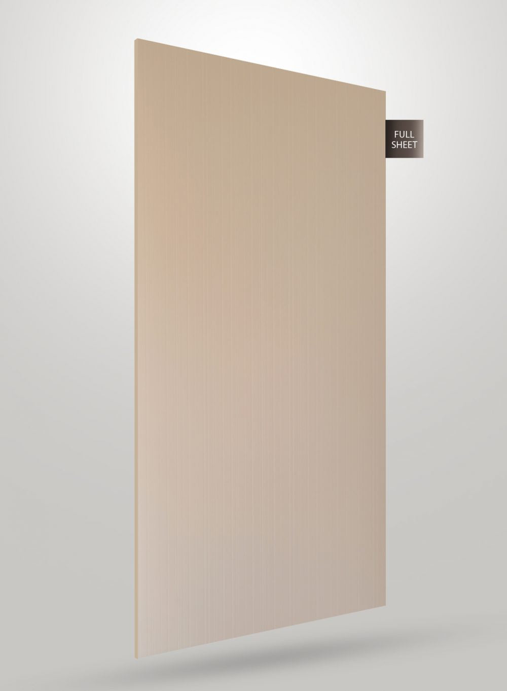 Beige matte fluted laminate sheet with vertical texture and subtle sheen, displayed at an angle with full sheet label.