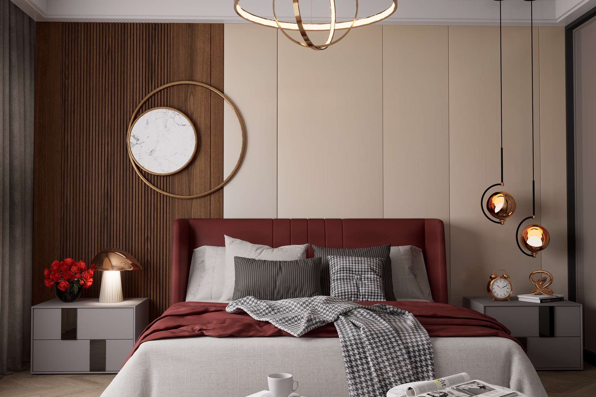 Beige fluted laminate wall in modern bedroom with matte finish and vertical grooves creating textured pattern on accent wall