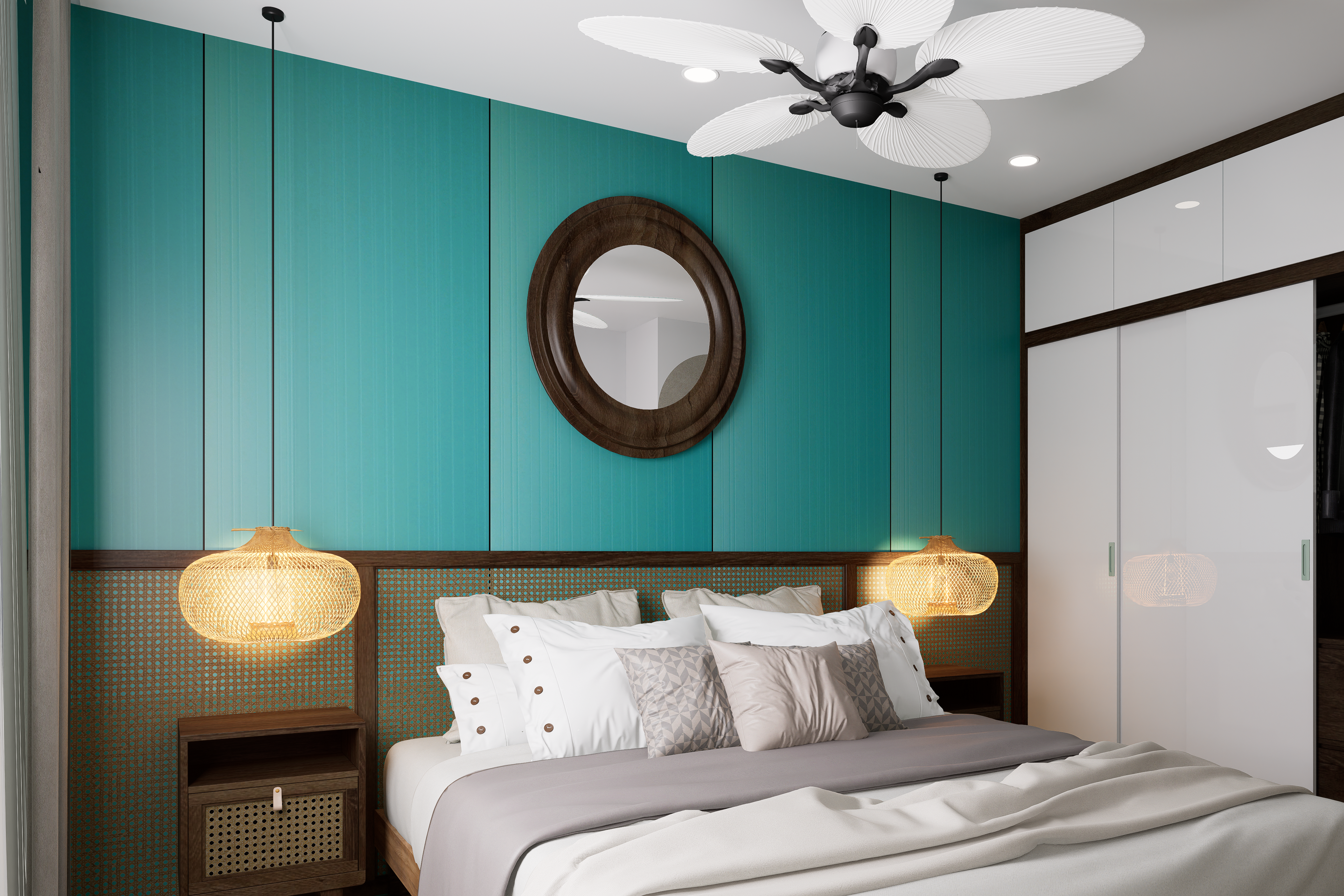 Green fluted laminate wall panels with matte finish in a modern bedroom setting with decorative furniture and lighting.