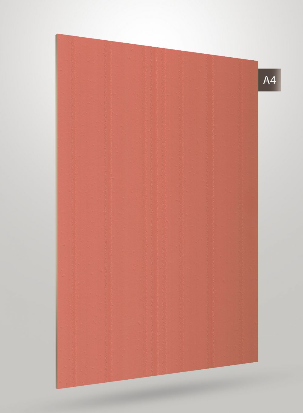Red fluted laminate sheet with matte finish and vertical grooves, displaying textured surface and subtle sheen variation.
