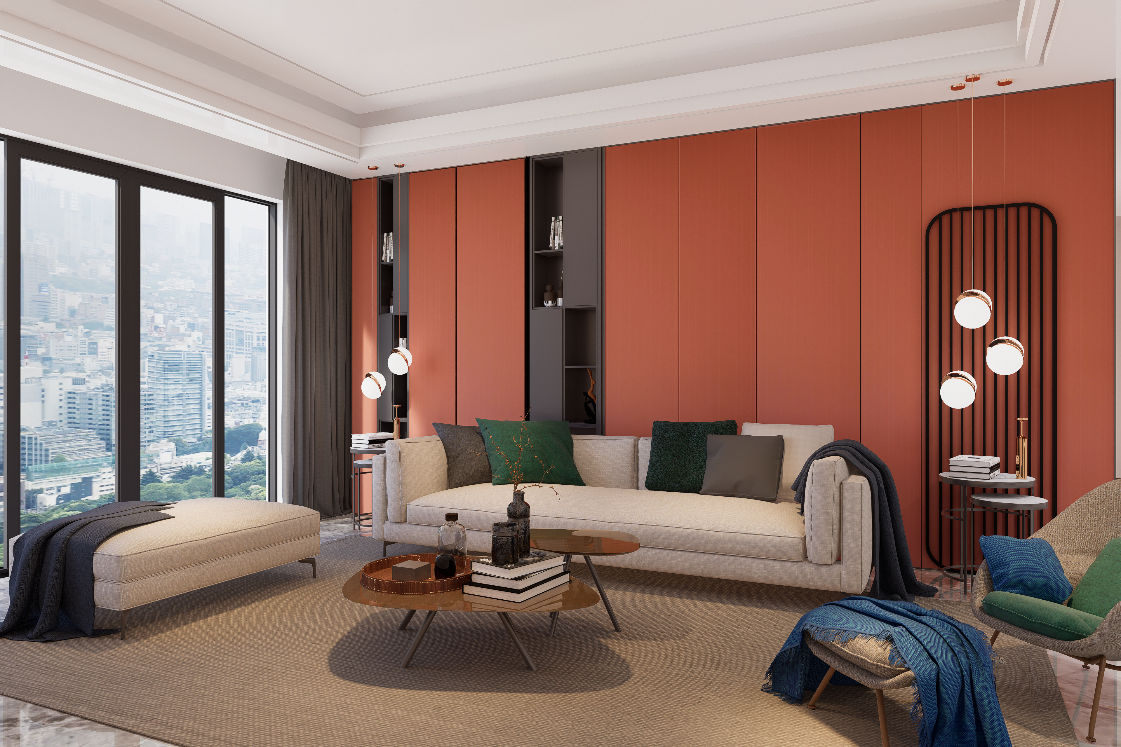 Red fluted laminate wall with matte finish in modern living room setting showcasing vertical grooves and textured pattern