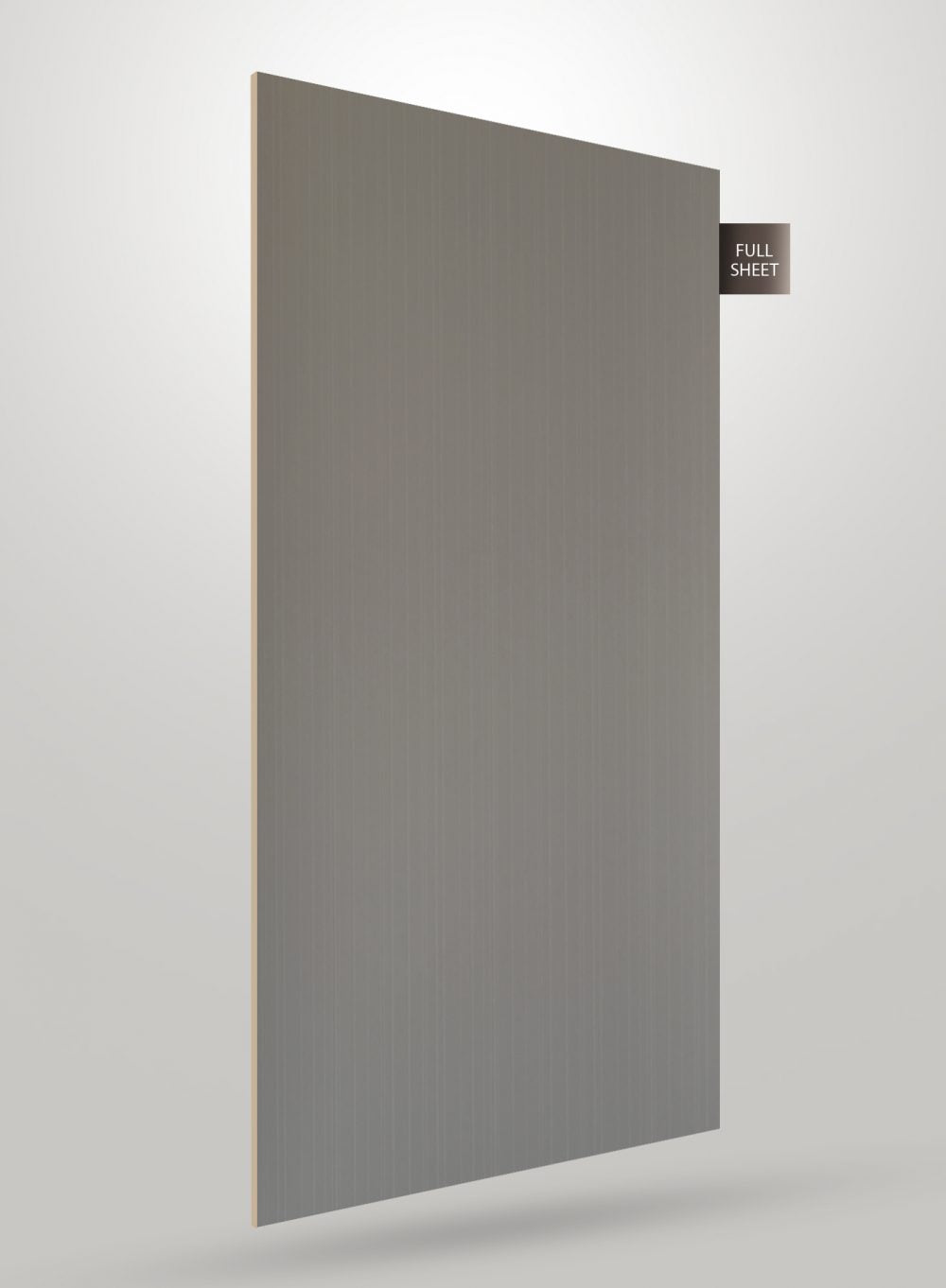 Grey matte decorative laminate sheet with fluted pattern and vertical texture, displayed as full sheet.
