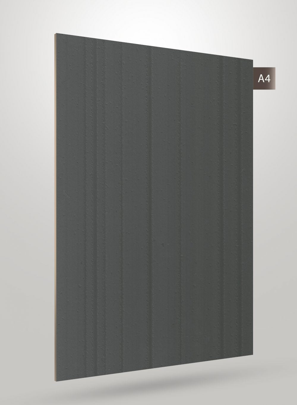 Grey matte decorative laminate with fluted pattern and vertical grooves, showcasing textured surface and subtle sheen.
