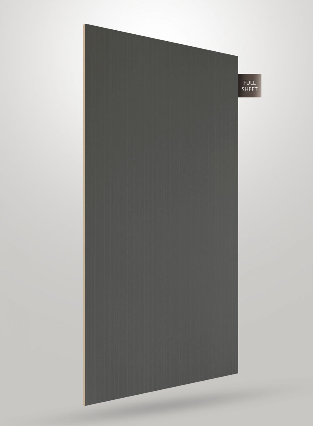 Grey matte decorative laminate sheet with fluted pattern and smooth texture, shown as full sheet with visible edge