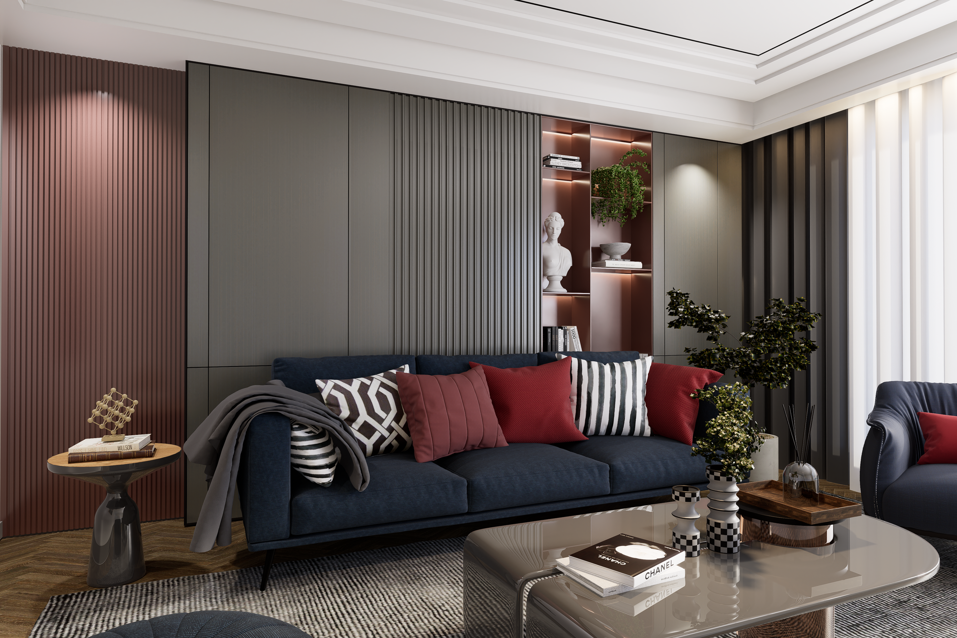 Grey fluted laminate wall panels with matte finish in a modern living room with dark blue sofa and decor accents