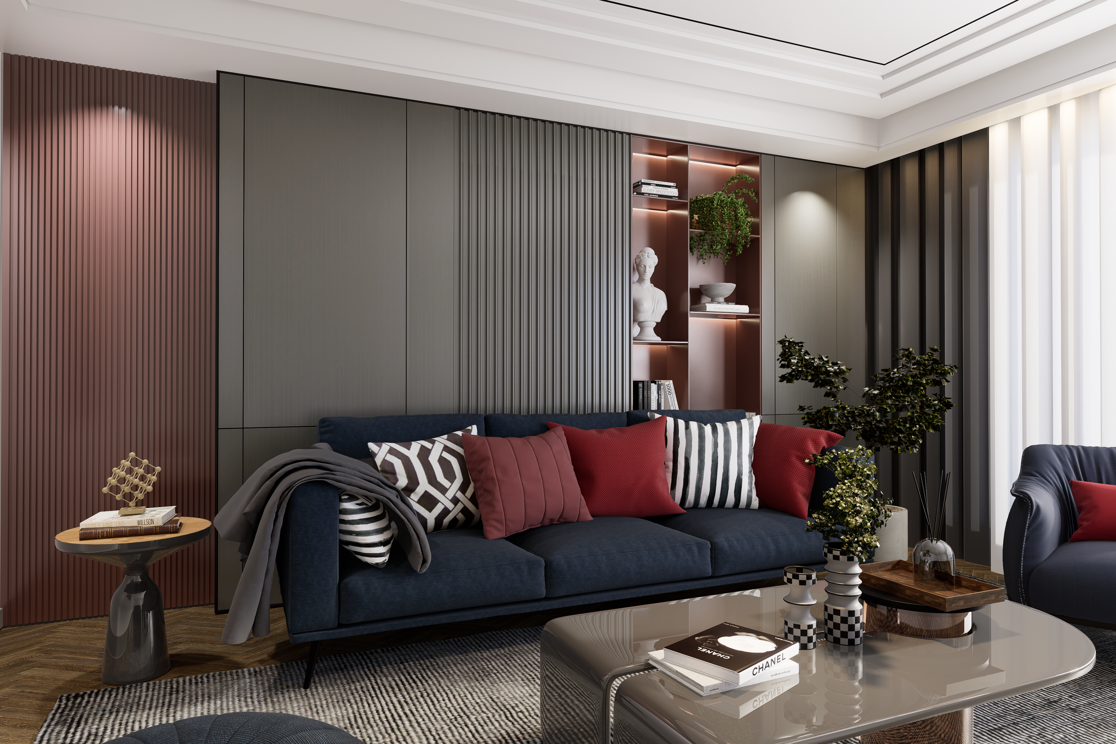 Grey fluted laminate wall panels with matte finish in a modern living room with dark blue sofa and decor accents