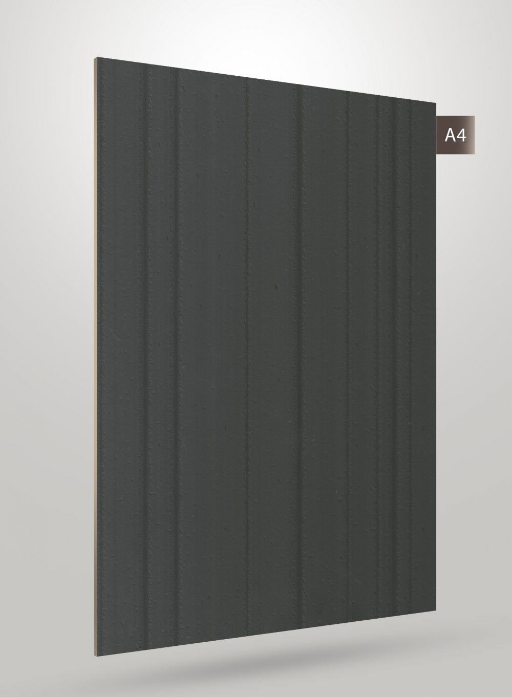 Grey matte decorative laminate with fluted pattern and vertical grooves on a rectangular sheet.