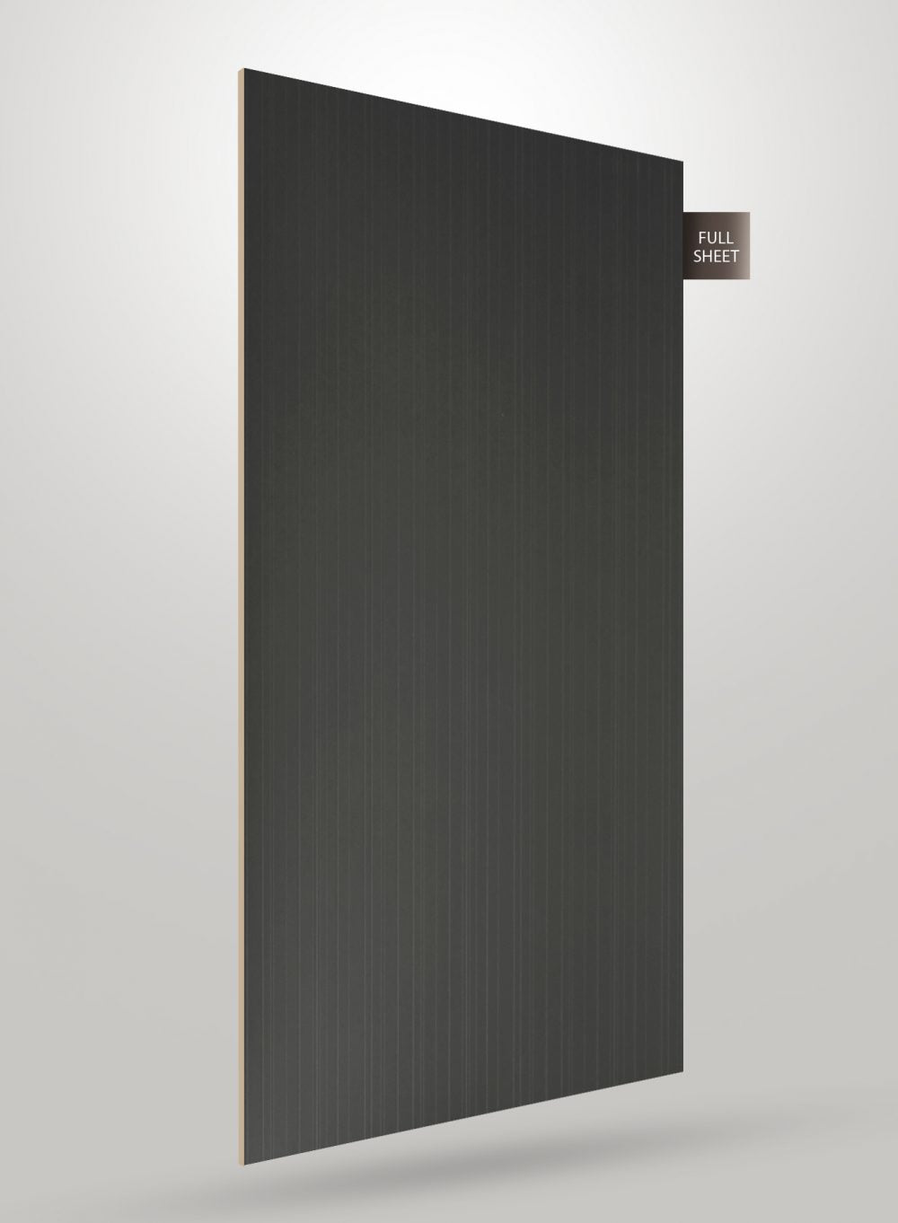Grey fluted laminate sheet with matte finish and vertical grooves displayed upright with full sheet label on corner.