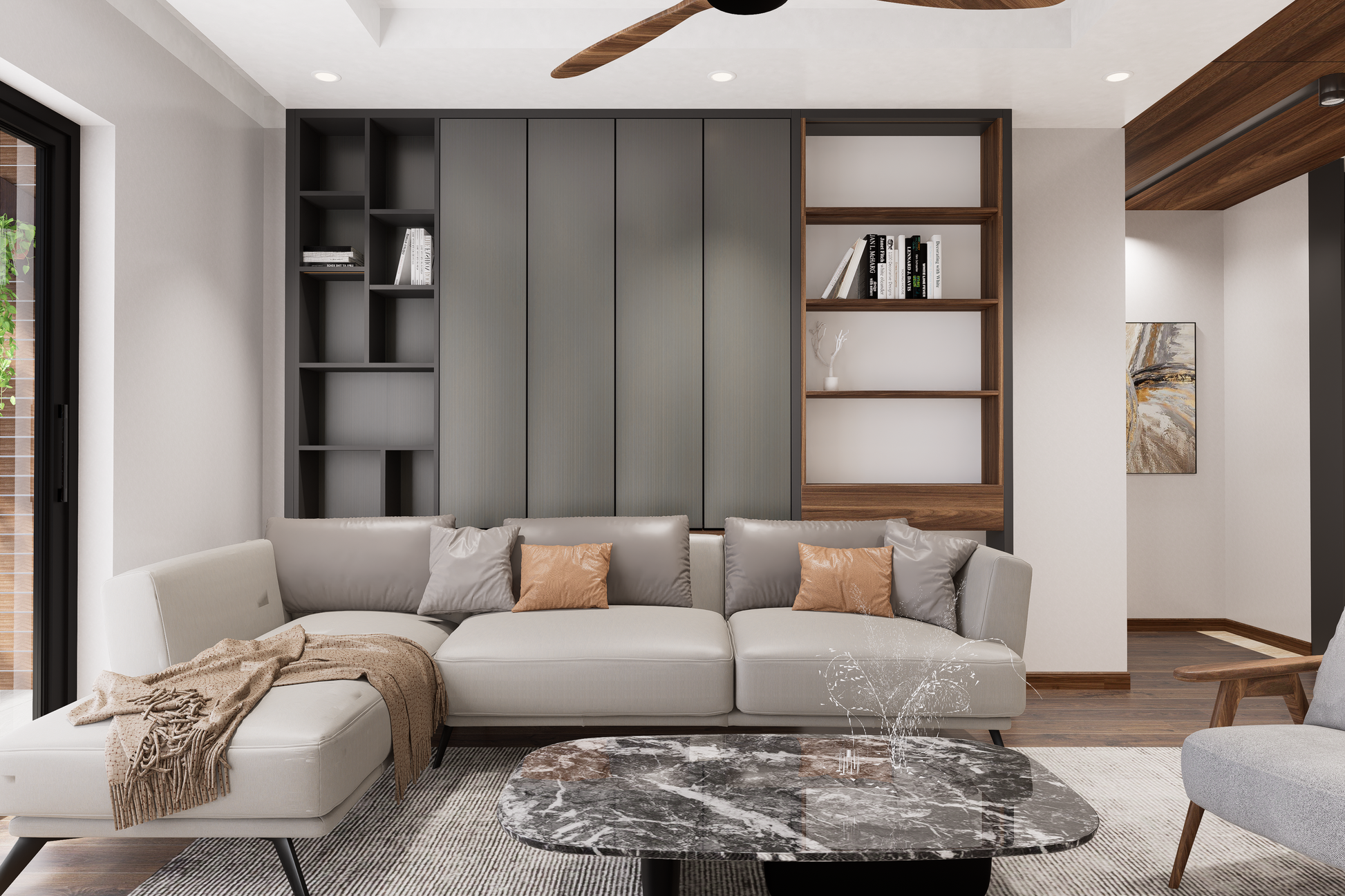 Grey fluted laminate wall panel with matte finish in modern living room interior design with minimalist decor and sleek