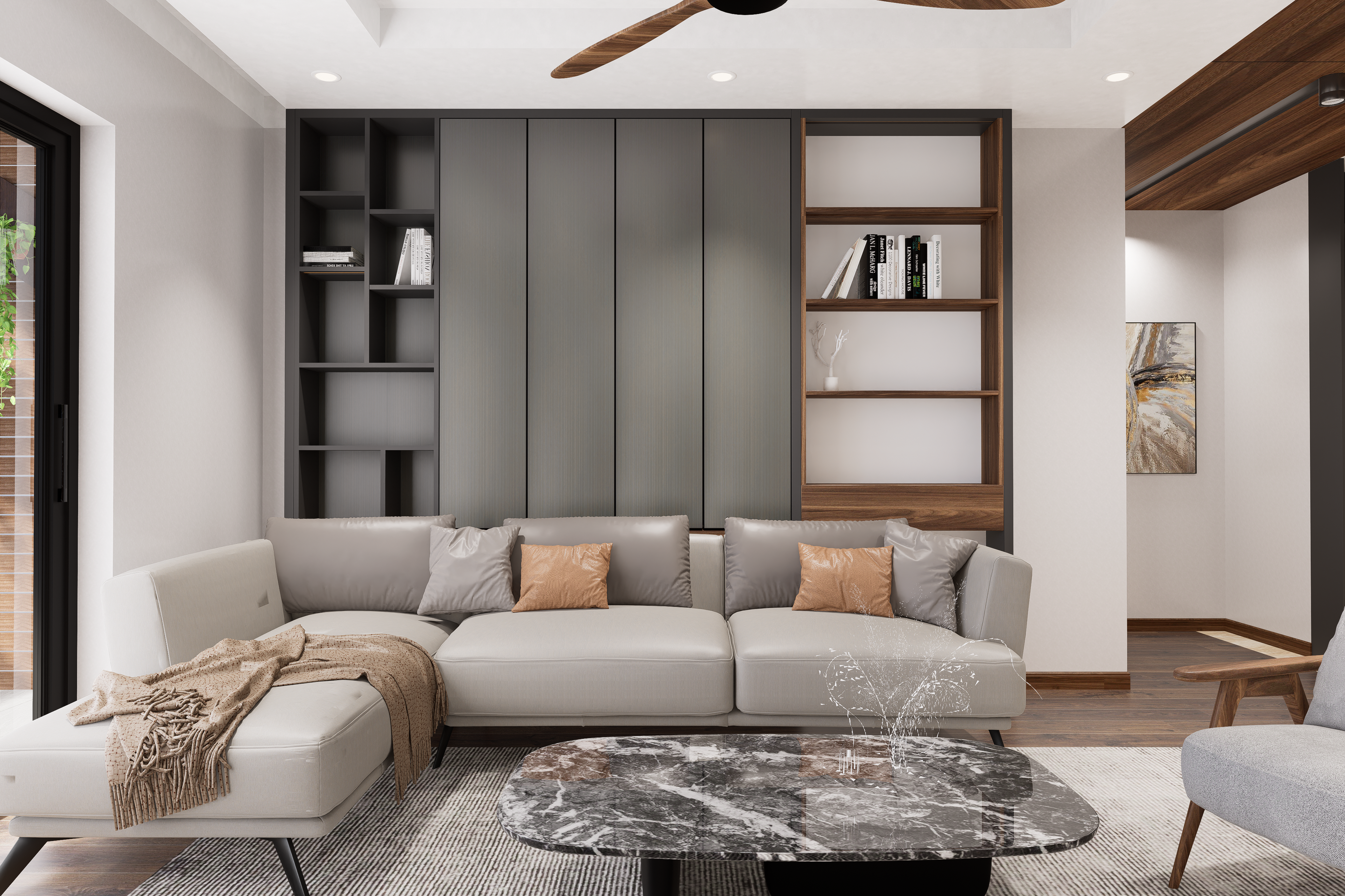 Grey fluted laminate wall panel with matte finish in modern living room interior design with minimalist decor and sleek