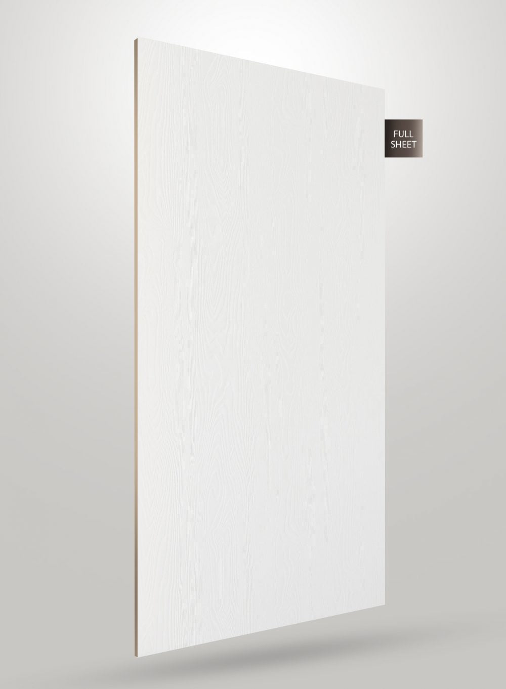 White wood grain decorative laminate sheet with matte finish and visible texture, shown standing upright with edge view.