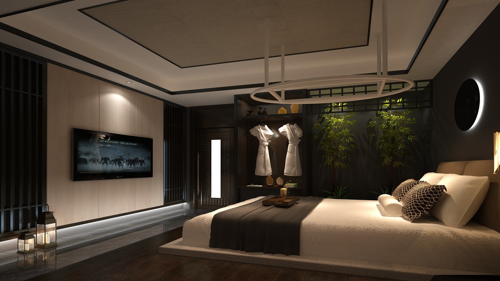 Wood laminate wall with matte finish and wood grain texture in modern bedroom interior design with dark accents
