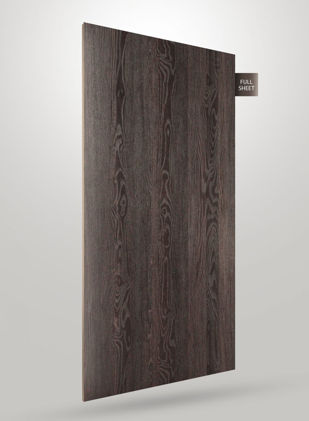 Dark brown wood grain decorative laminate with matte finish and visible wood texture and pattern.