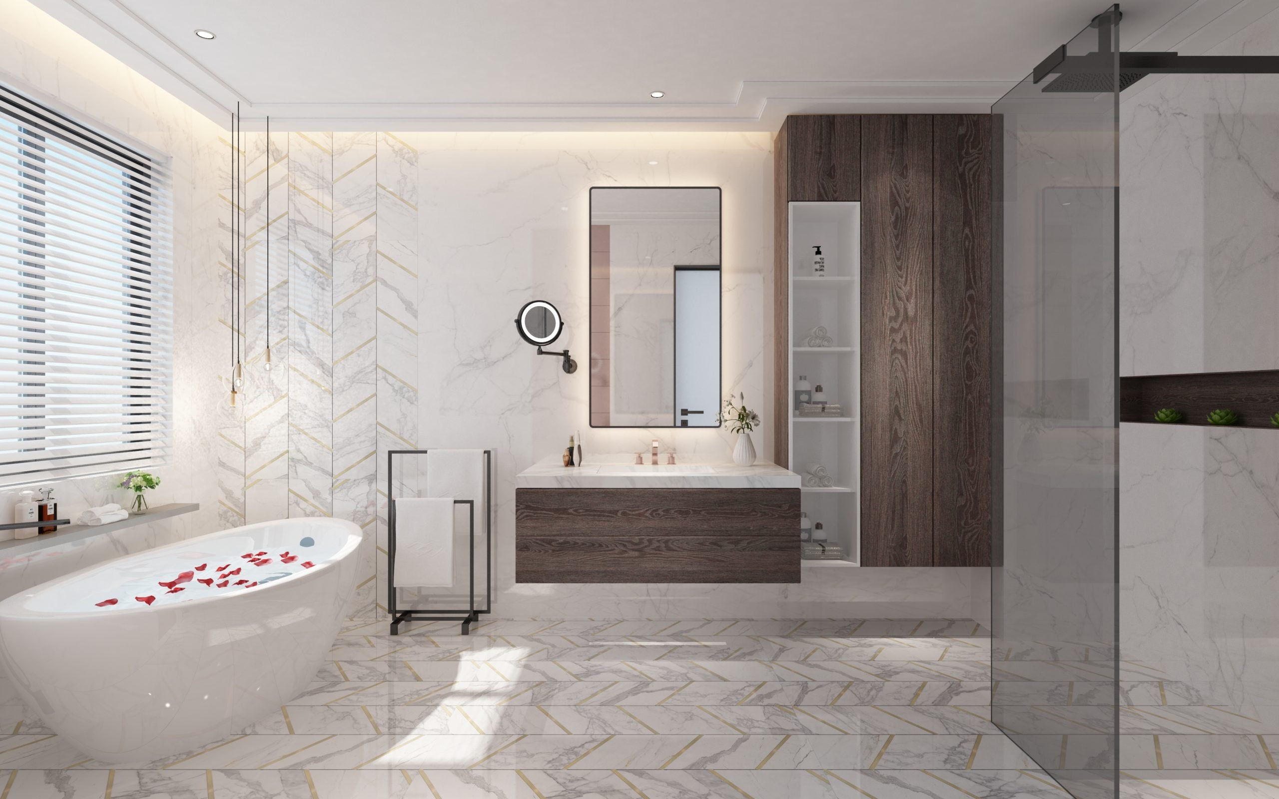 Wood laminate used in modern bathroom vanity and wall panel with matte finish and wood grain texture.