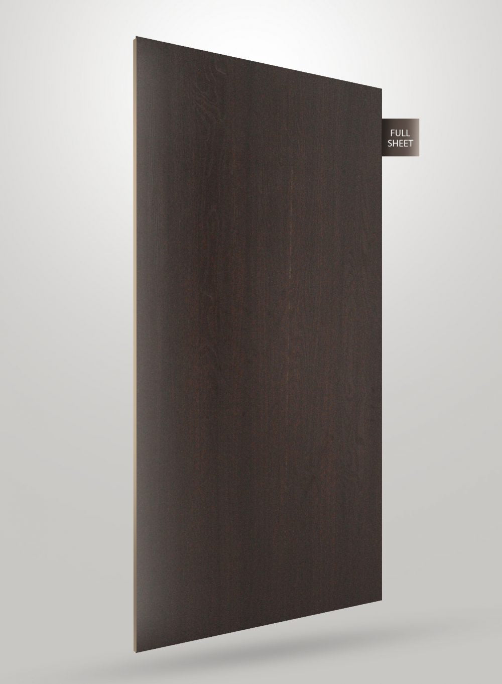 Black wood grain laminate sheet with matte finish and visible wood texture displayed as full sheet.