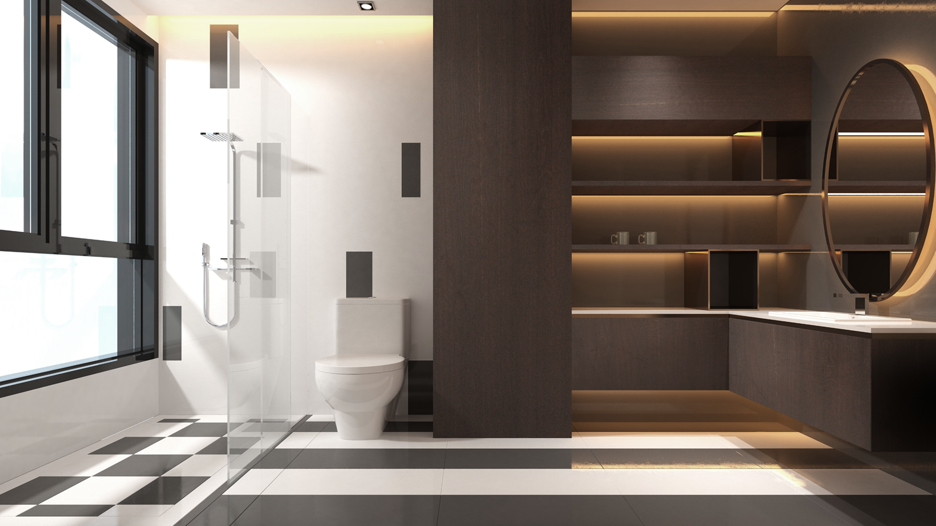 Dark wood laminate with matte finish used on bathroom wall and cabinet, showcasing wood grain texture and subtle sheen
