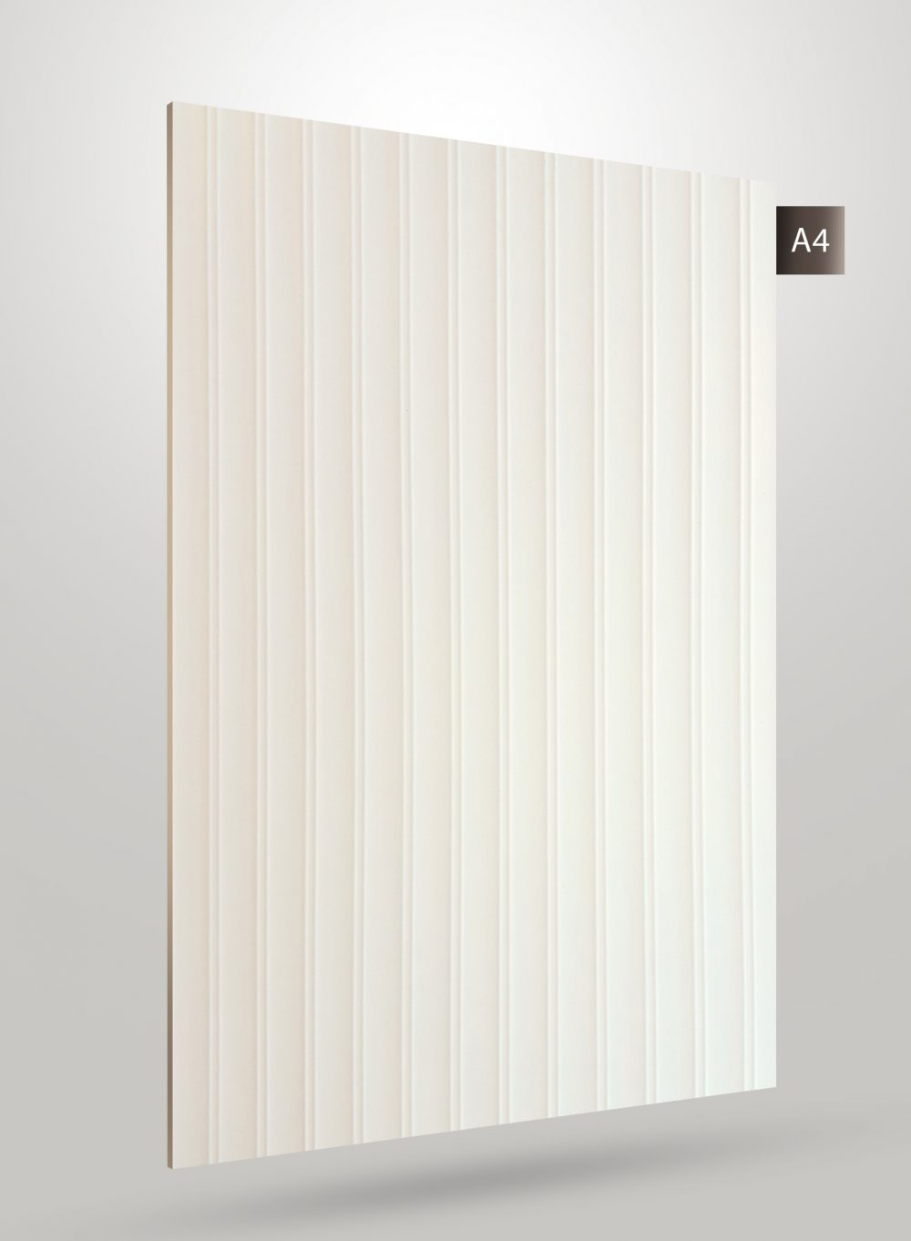 White decorative fluted laminate with glossy finish and vertical ridges.